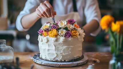 Baker delicately decorating a white cake with buttercream flowers.