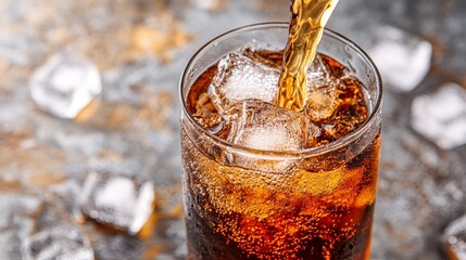 Glass of soda with ice cubes in it is being poured out. The scene is set on a countertop, and the glass is almost empty