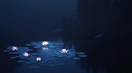 A pond with four pink flowers floating on the water