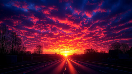 Vibrant Sunset over Highway Road: A Dramatic Landscape Photography