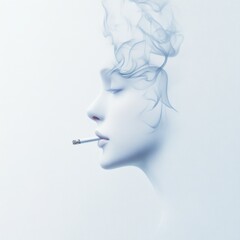 Fototapeta premium Reflective scene of a smoking woman abstract art minimalist design soft colors profile view emotional expression