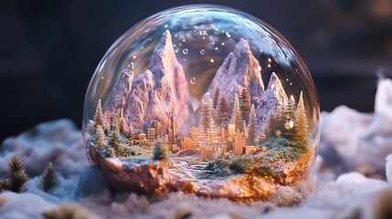 Shimmering soap bubble encasing a vibrant world of miniature cities mountains and forests with ethereal light