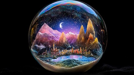 Shimmering soap bubble encasing a vibrant world of miniature cities mountains and forests with ethereal light