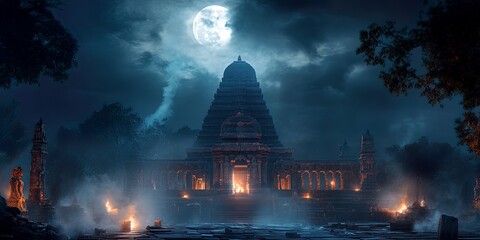 Mystical Night Scene at Temple Maha Shivaratri Atmosphere