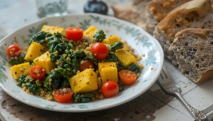 A vegan plate featuring a vibrant tofu scramble with turmeric, sautéed spinach, cherry tomatoes, and a slice of multigrain toast.