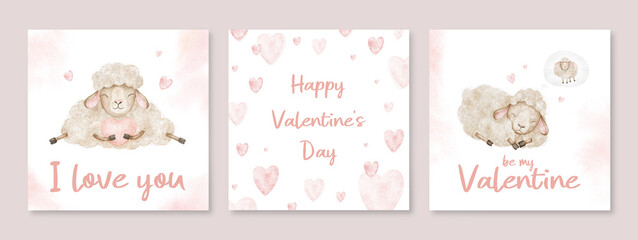 Set of Valentine's day cards with sleeping Sheep and hearts. Hand drawn watercolor backgrounds with lambs in love. Collection Templates for the 14th of february, declaration of love, romantic poster