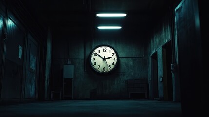 Dark hallway clock, suspenseful atmosphere, industrial setting, film backdrop