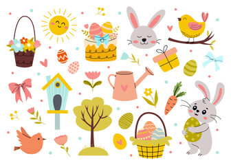 A Beautiful and Colorful Spring Easter Illustration Depicting a Joyful Scene with Bunnies and Eggs