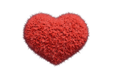 Cherry red heart pillow with frizzy fur. Fur coated red hears in different angles, isolated on transparent background. Realistic cute furry heart with uncombed fur. Fuzzy heart pillow.