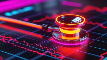 Healthcare Technology Telehealth Telemedicine concept. Glowing Stethoscope Connected to Smartphone Displays Financial Data Analytics long title The image showcases a glowing stethoscope connected to a