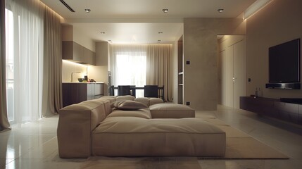 Minimalist living area with a neutral color scheme and clean lines