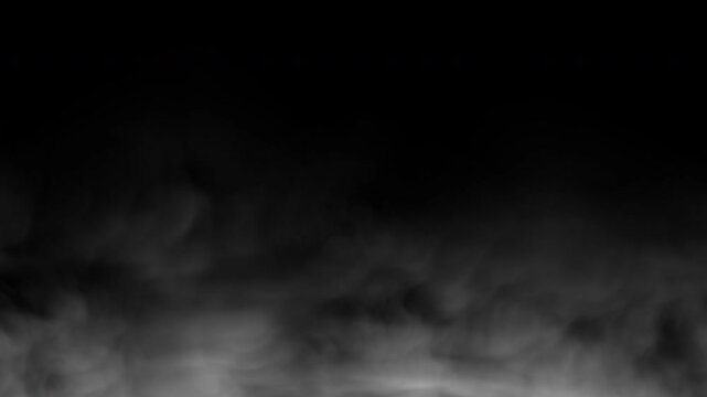 Realistic smoke cloud fog overlay. White smoke slowly moving on a black background