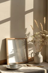 Mock up frame with minimal decor, close up in a cozy home interior, warm lighting, soft textures, modern design, high detail, 3D render. generative ai.
