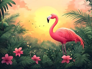Obraz premium A Playful Tropical Flamingo in a Lush Midcentury Beach Oasis