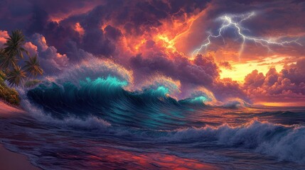 Naklejka premium A photorealistic depiction of an ocean with dark, turbulent waves under the sky, lightning striking in various places, creating dynamic lighting effects and illuminating parts of the scene