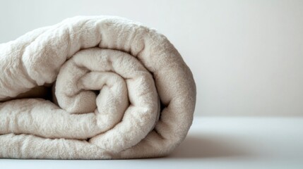 Rolled cream blanket, soft texture, studio shot, neutral background, bedding