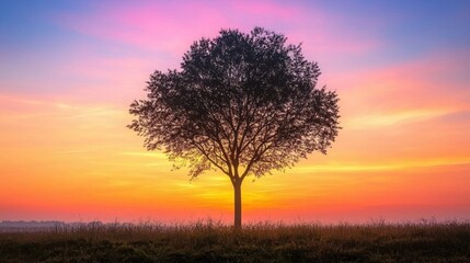 Fototapeta premium A silhouette of a tree against the colorful sky of a sunrise in a rural landscape.