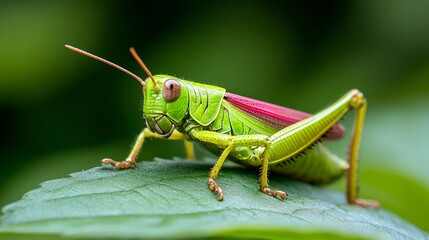 Green grasshopper is standing on a leaf, which is also green. The grasshopper has a red stripe on its back. The leaf is fresh and healthy, with no signs of damage or decay