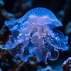 Blue jellyfish with white spots, underwater.