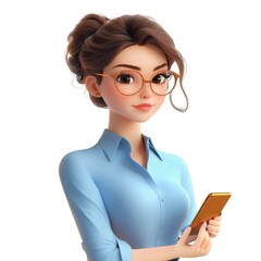 3d icon Businesswoman holding smartphone in illustration, isolated on transparent background