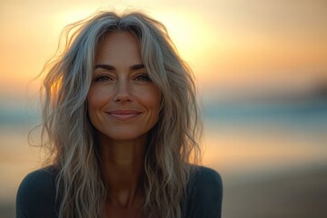 Fototapeta premium Woman smiling at sunset on beach with calm waves