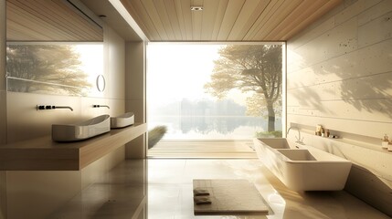 Minimalist bathroom with a floating vanity and large window