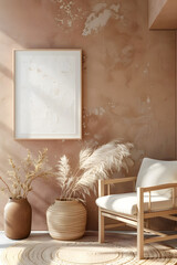 Mock up frame with minimal decor, close up in a cozy home interior, warm lighting, soft textures, modern design, high detail, 3D render. generative ai.