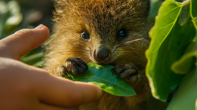 of a quokka nibbling on a leaf with its adorable face in sharp focus 