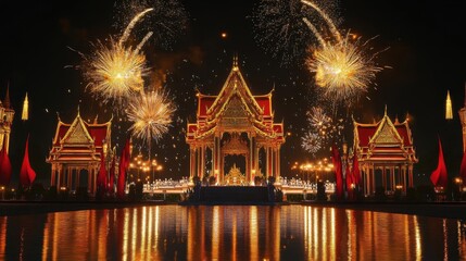 Fototapeta premium Temple Shines with Fireworks Display and Reflection of Light with Night Festivities Celebration.