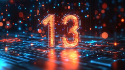 Digital Number 13 In Futuristic Cyberspace Style Illuminated On Abstract Circuit Board