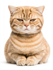Grumpy Ginger Cat Sitting on White Background Studio Shot