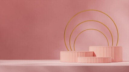 gold colored circle in 3d video rendering of mockup template pink cylinder shape podium looping seamless shadow animation