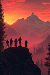 Obraz premium Five individuals' shapes against a volcanic mountain's fiery backdrop