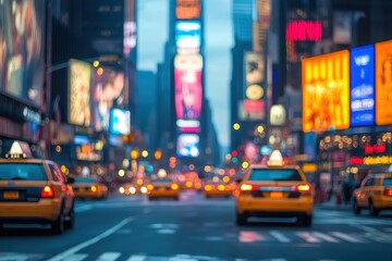 NYC taxis, twilight Times Square, blurred lights, urban travel