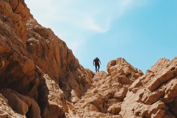 Adventurous Hiker Climbing Rocky Terrain Against Clear Blue Sky