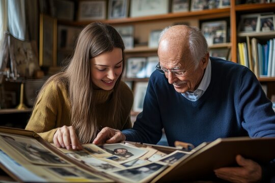 Slim young woman assisting an elderly man with organizing his photo albums, both reminiscing over old family pictures, smiles and laughter filling the room with warmth