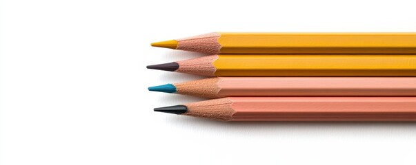 Fototapeta premium Four slightly used colored pencils, in muted yellow, gray, blue, and peach shades, arranged neatly on a pristine white background.
