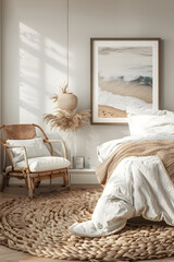 Mockup frame displayed in a cozy bedroom interior, Coastal boho style, natural light streaming in, soft textures, warm color palette, serene atmosphere, 3D render. generative ai.