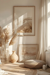Mockup frame displayed in a cozy bedroom interior, Coastal boho style, natural light streaming in, soft textures, warm color palette, serene atmosphere, 3D render. generative ai.