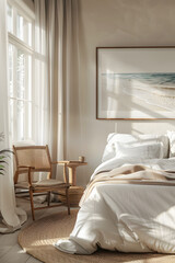 Mockup frame displayed in a cozy bedroom interior, Coastal boho style, natural light streaming in, soft textures, warm color palette, serene atmosphere, 3D render. generative ai.