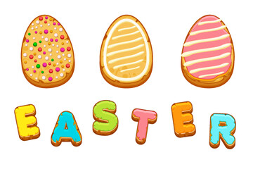 Set of Easter cookies in the form of Eggs. Gingerbread cookies with pastel glaze isolated on white background. A holiday of religion