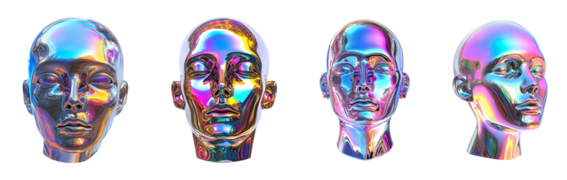 3D Iridescent  Futuristic Metallic Head Sculpture Set 