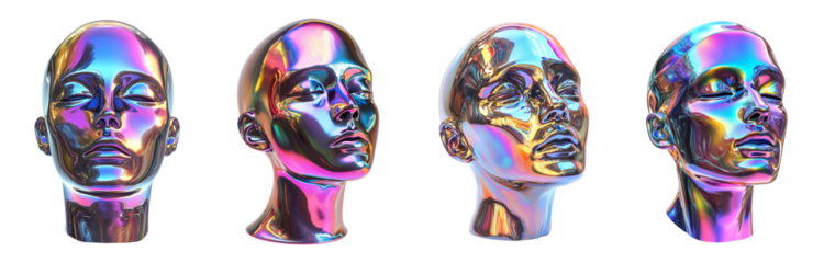 3D Iridescent  Futuristic Metallic Head Sculpture Set 