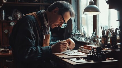A skilled jewelry maker wearing magnifying glasses while carefully designing a silver necklace.