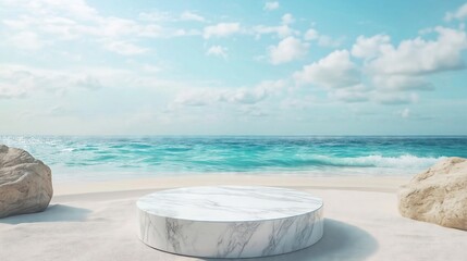 Fototapeta premium A white marble podium set against a breathtaking sea view.