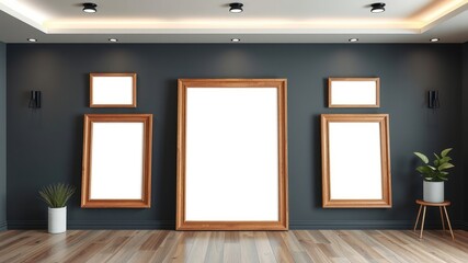Empty wooden picture frames on a dark wall in a modern room