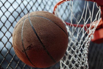 A close-up of a basketball about to enter the net, showcasing movement and energy.