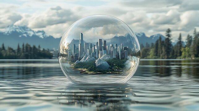 Shimmering soap bubble with a tiny world of cities mountains and forests encased in transparent sphere