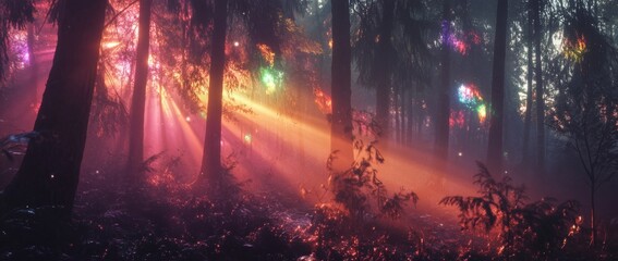 Fototapeta premium Vibrant sunset over lush forest with colorful sky and lens flare effects in the early evening