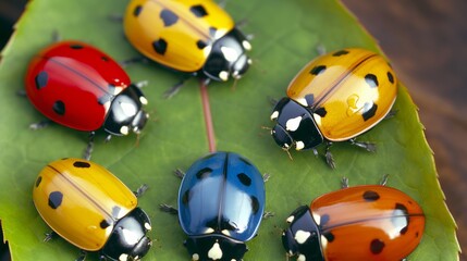 Naklejka premium Group of brightly colored ladybugs are sitting on a leaf. The ladybugs are of different colors, including red, blue, and yellow. Concept of vibrancy and diversity